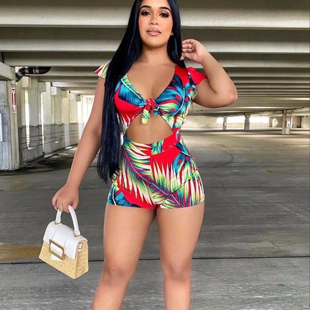 Fashion Nova Red Tropical Print Romper